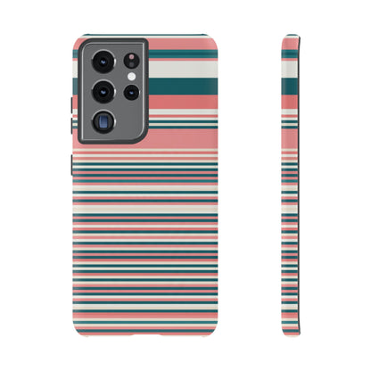 Striped Tough Phone Case — Coral, Teal & White Protective Cover