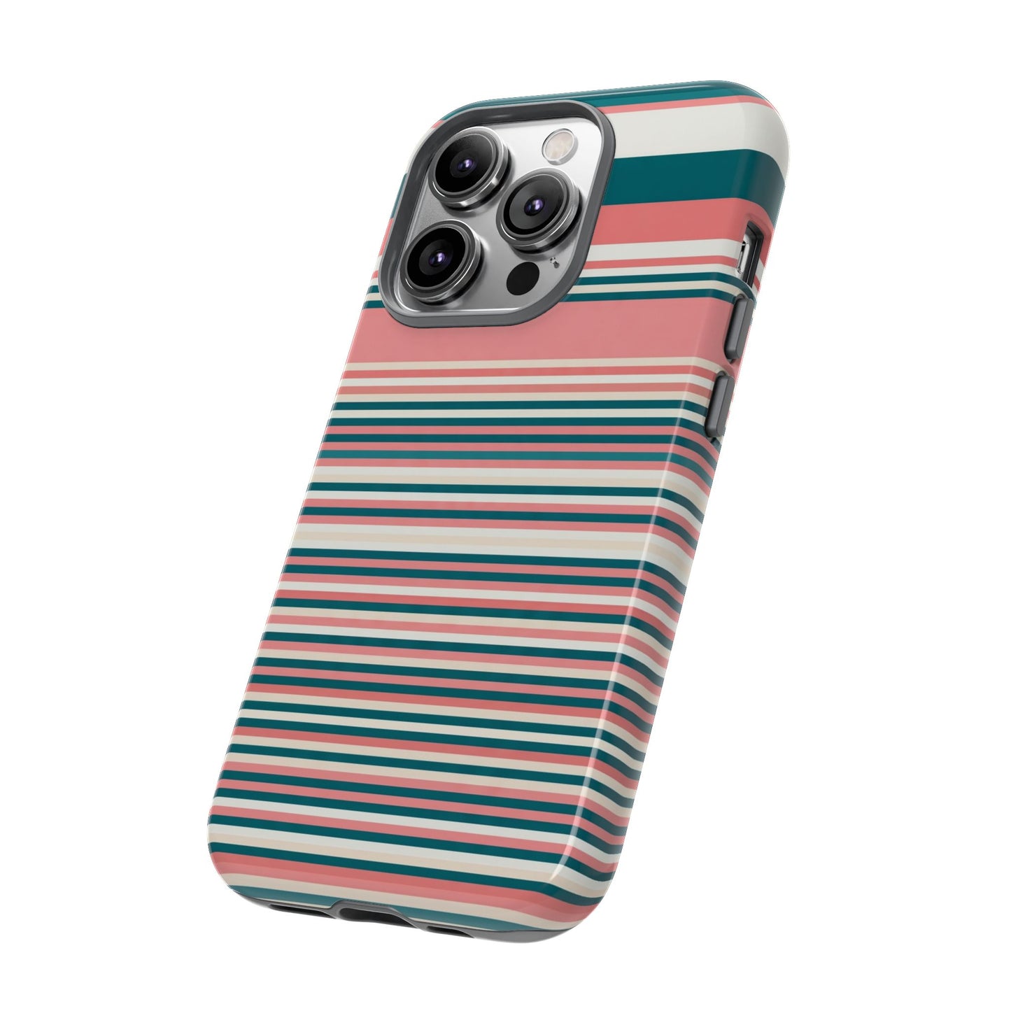 Striped Tough Phone Case — Coral, Teal & White Protective Cover