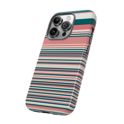 Striped Tough Phone Case — Coral, Teal & White Protective Cover