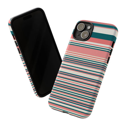 Striped Tough Phone Case — Coral, Teal & White Protective Cover