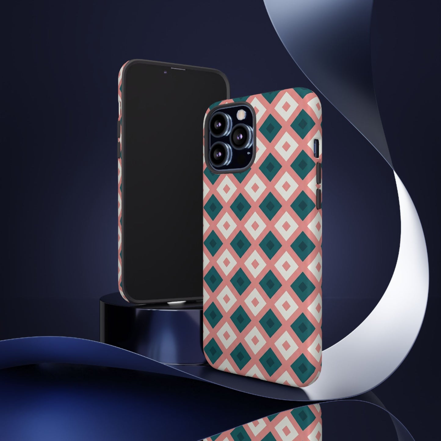Geometric Diamond Pattern Tough Phone Case — Pink & Teal Protective Cover