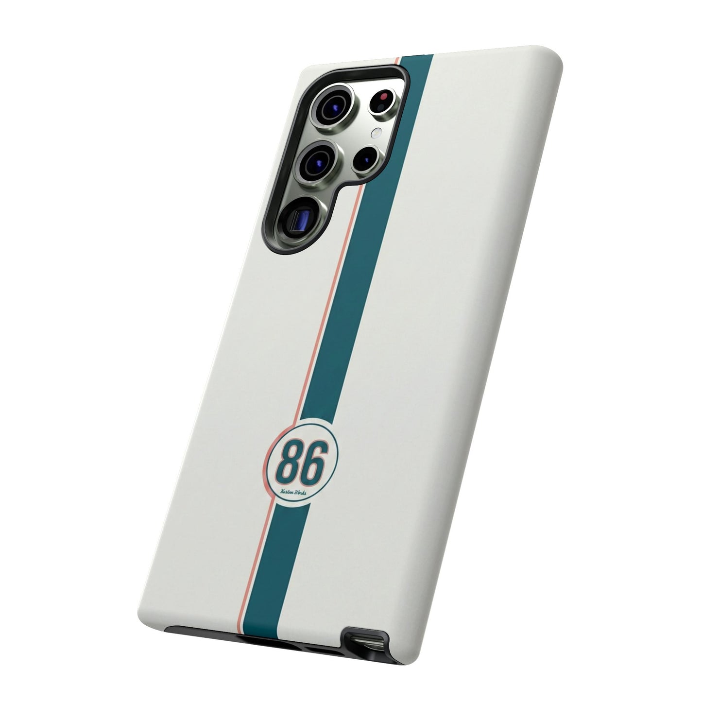 Racing Stripe Tough Phone Case — Retro White With '86 Circle Badge