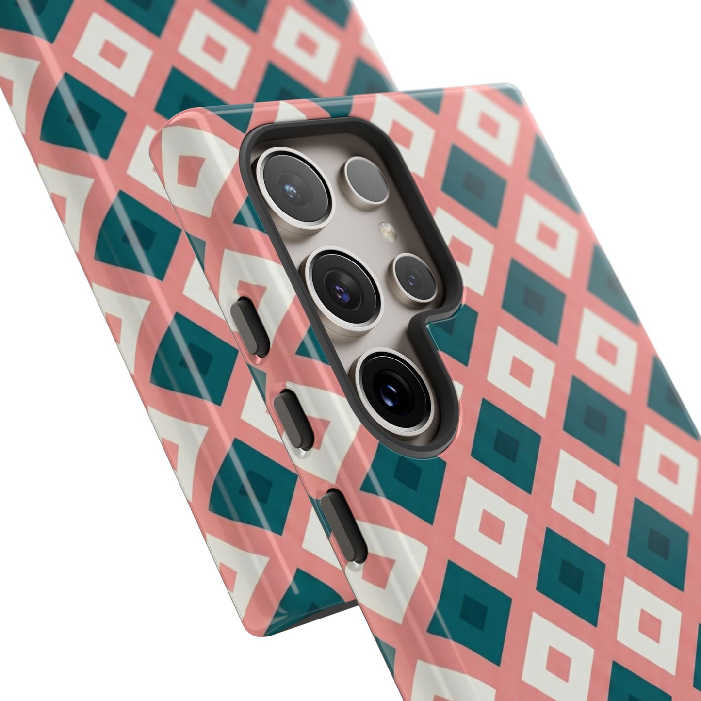 Geometric Diamond Pattern Tough Phone Case — Retro Pink & Teal Protective Cover