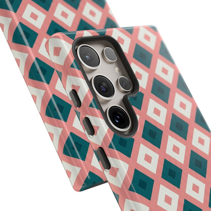 Geometric Diamond Pattern Tough Phone Case — Retro Pink & Teal Protective Cover