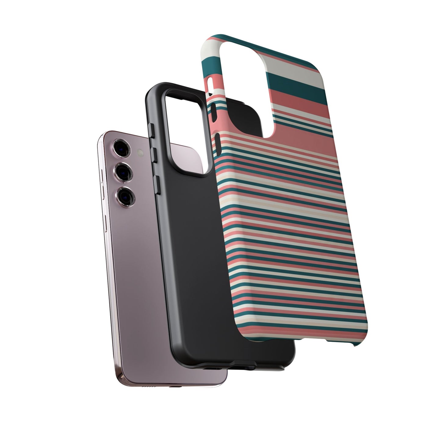 Striped Tough Phone Case — Coral, Teal & White Protective Cover
