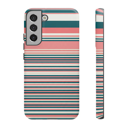 Striped Tough Phone Case — Coral, Teal & White Protective Cover