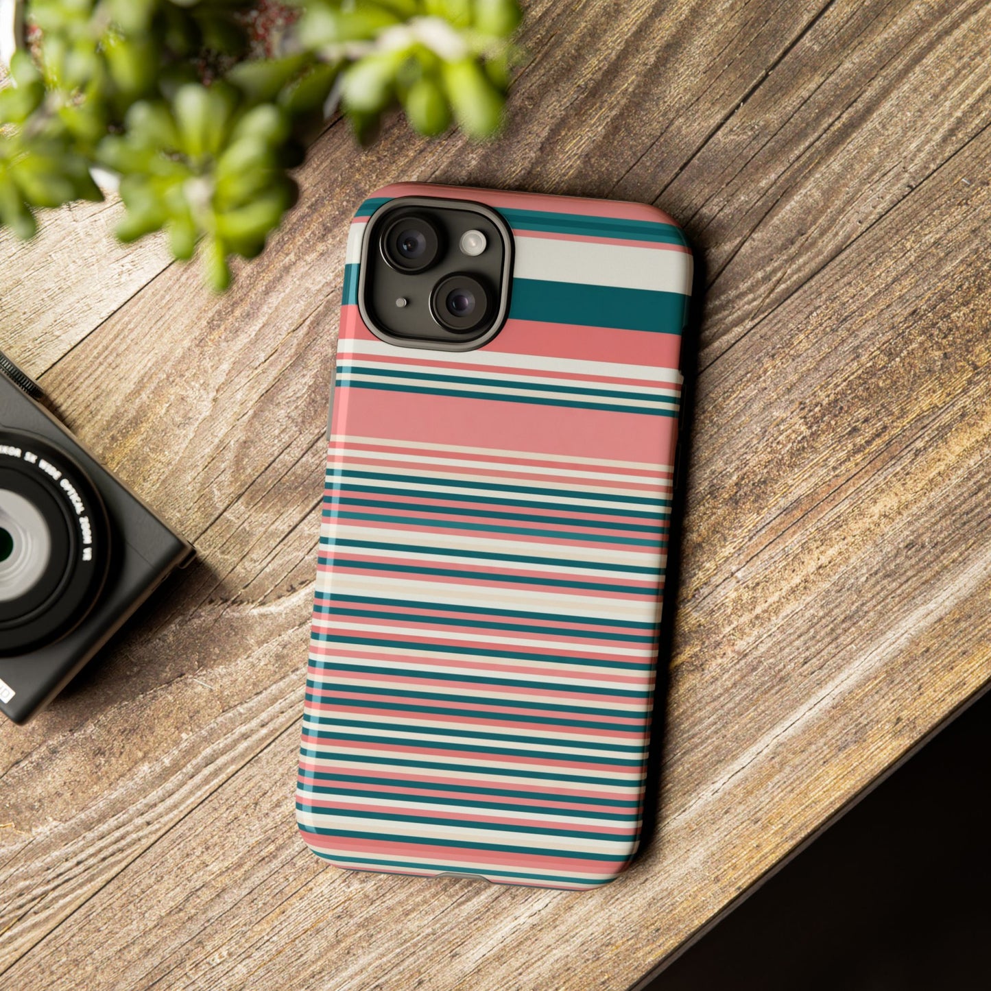 Striped Tough Phone Case — Coral, Teal & White Protective Cover