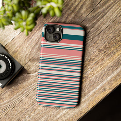 Striped Tough Phone Case — Coral, Teal & White Protective Cover