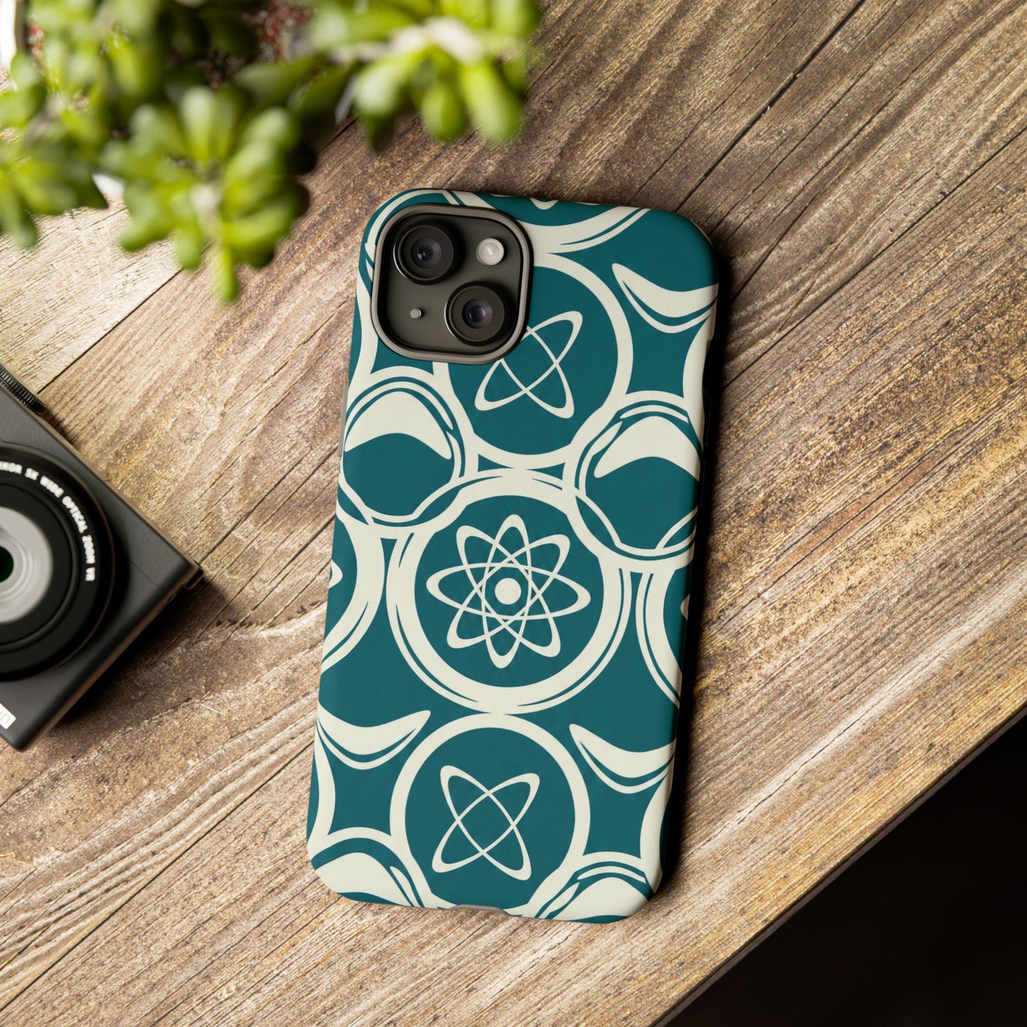 Teal Retro Atomic Pattern Tough Phone Case - Mid-Century Science Design
