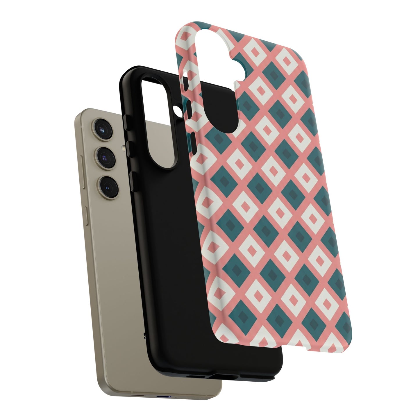 Geometric Diamond Pattern Tough Phone Case — Retro Pink & Teal Protective Cover