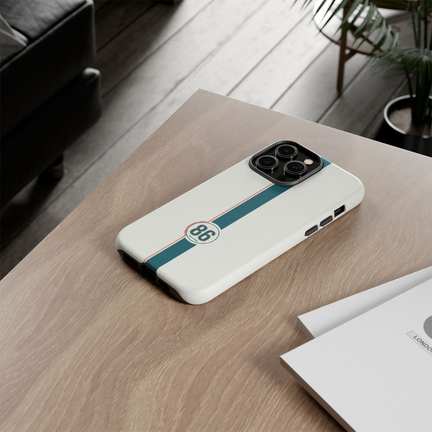 Racing Stripe Tough Phone Case — Retro White With '86 Circle Badge