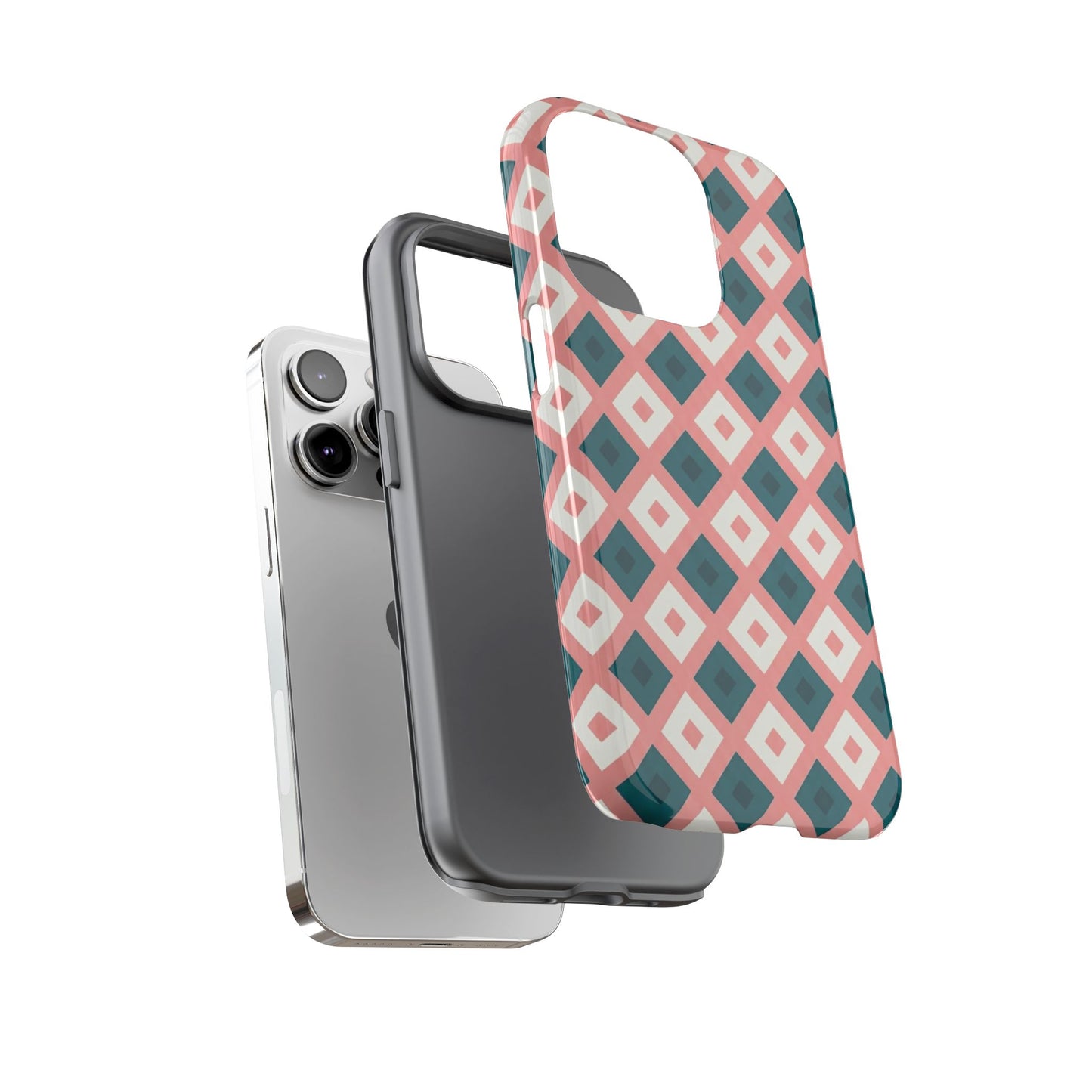 Geometric Diamond Pattern Tough Phone Case — Pink & Teal Protective Cover