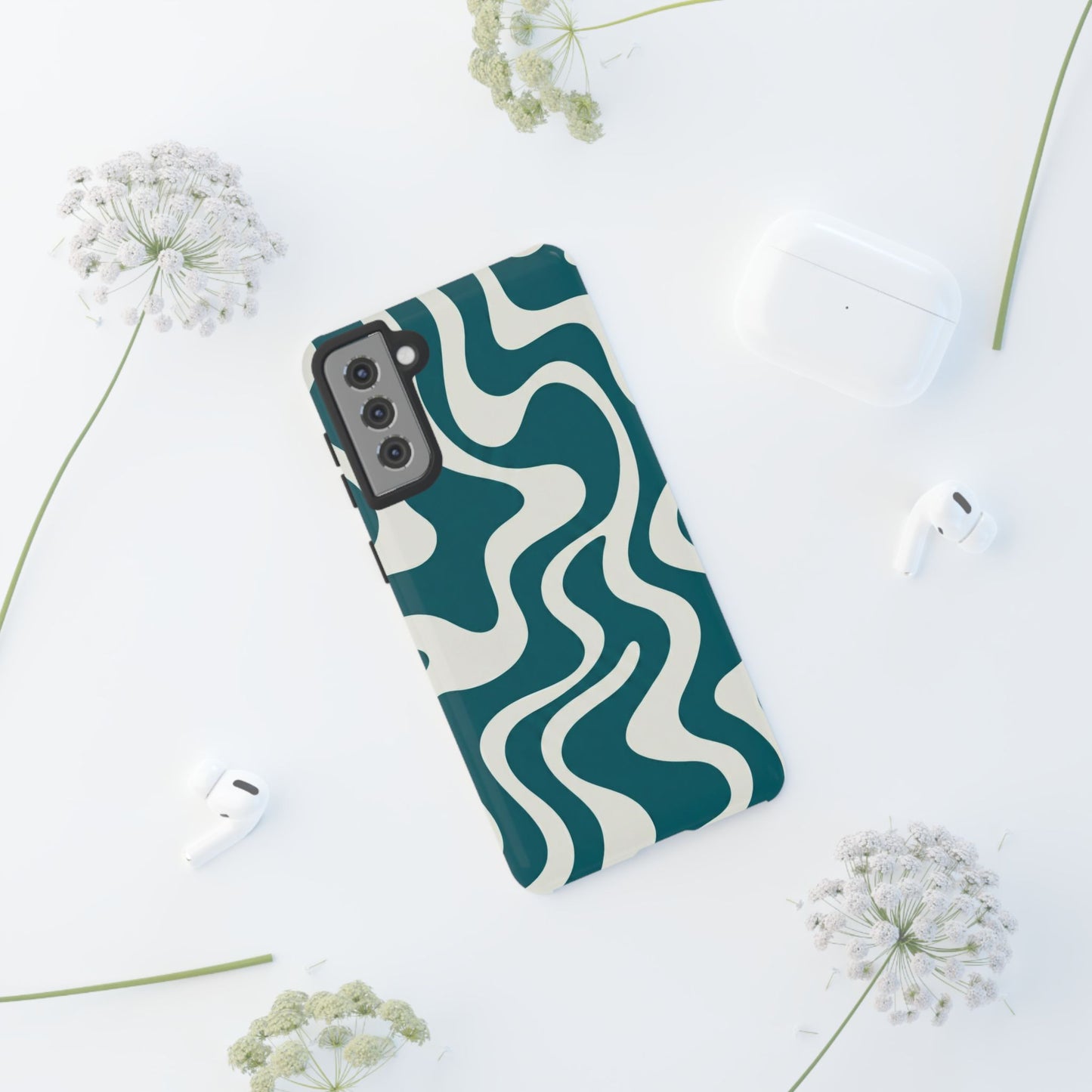 Abstract Teal Swirl Phone Case — Retro Wavy Tough Case
