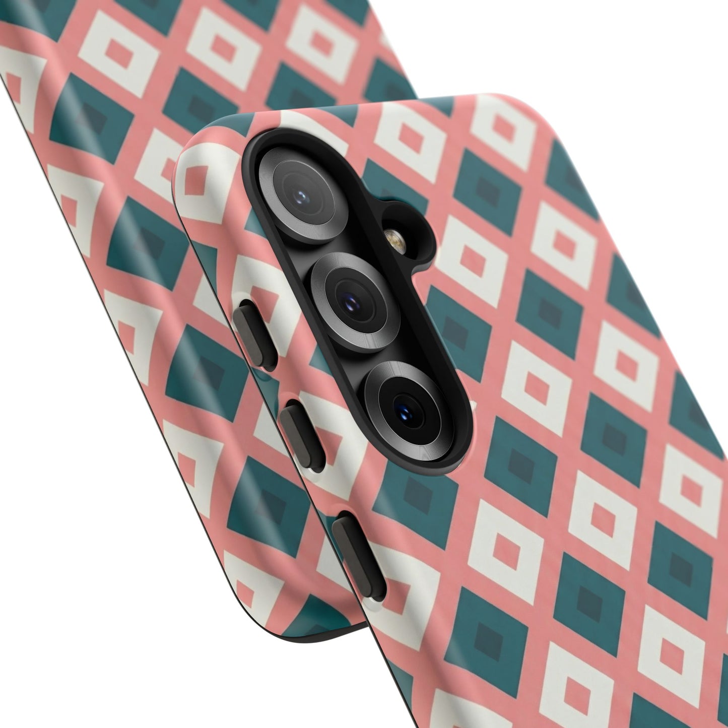 Geometric Diamond Pattern Tough Phone Case — Retro Pink & Teal Protective Cover