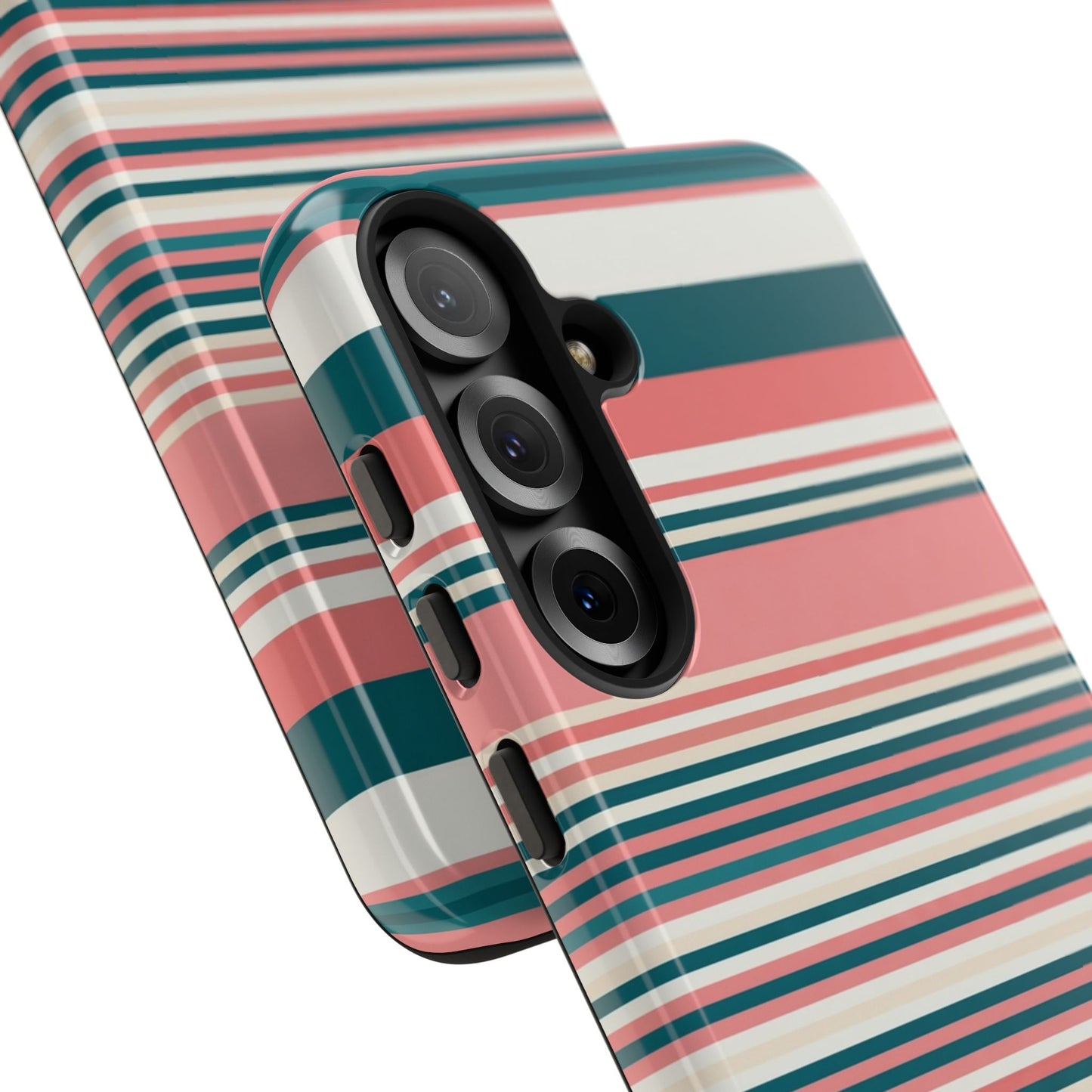 Striped Tough Phone Case — Coral, Teal & White Protective Cover