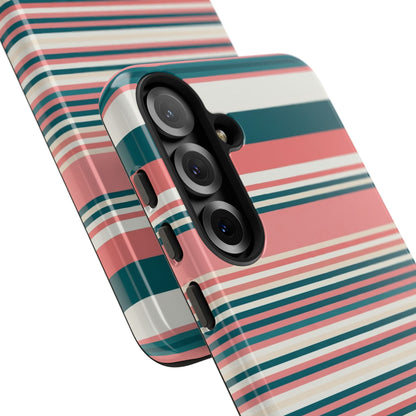 Striped Tough Phone Case — Coral, Teal & White Protective Cover