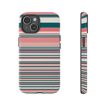 Striped Tough Phone Case — Coral, Teal & White Protective Cover