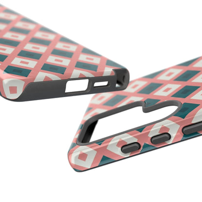 Geometric Diamond Pattern Tough Phone Case — Retro Pink & Teal Protective Cover