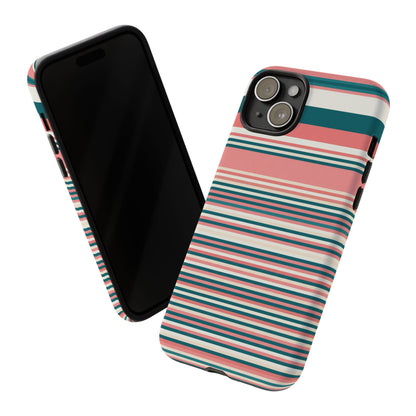 Striped Tough Phone Case — Coral, Teal & White Protective Cover