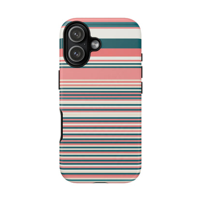 Striped Tough Phone Case — Coral, Teal & White Protective Cover