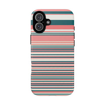 Striped Tough Phone Case — Coral, Teal & White Protective Cover