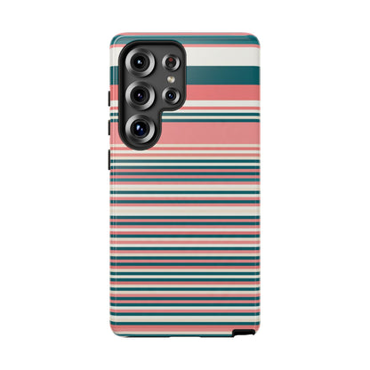Striped Tough Phone Case — Coral, Teal & White Protective Cover