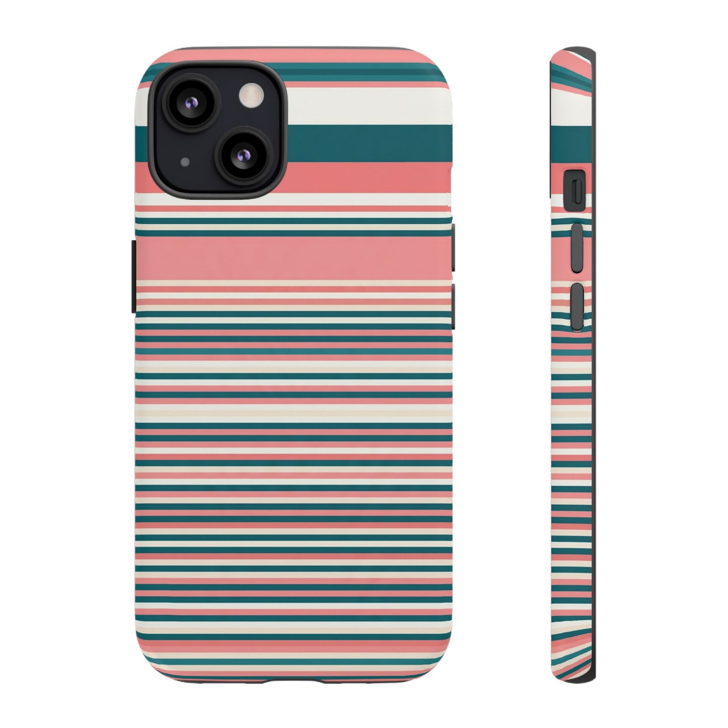 Striped Tough Phone Case — Coral, Teal & White Protective Cover