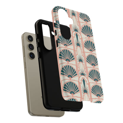 Art Deco Fan Pattern Tough Phone Case — Teal & Blush Retro Protection