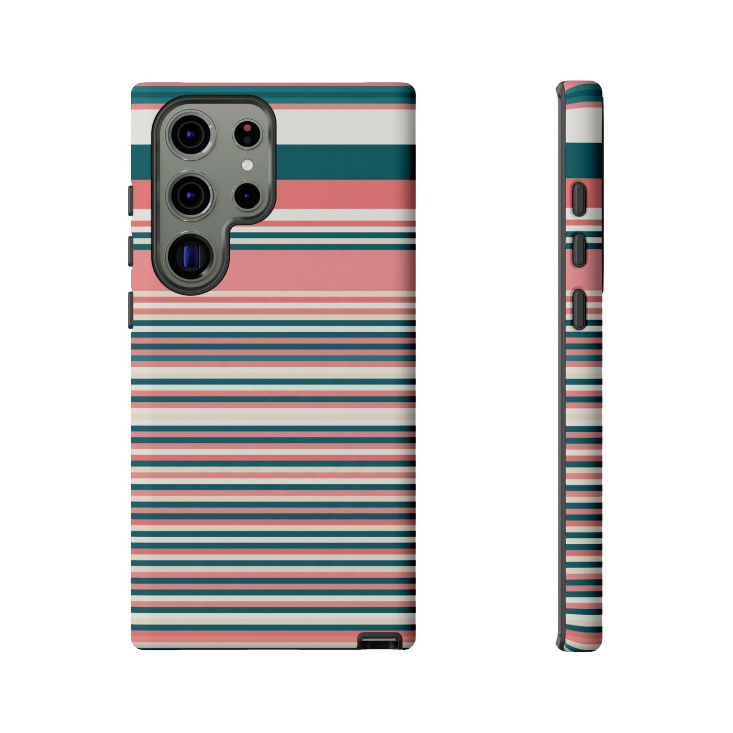 Striped Tough Phone Case — Coral, Teal & White Protective Cover