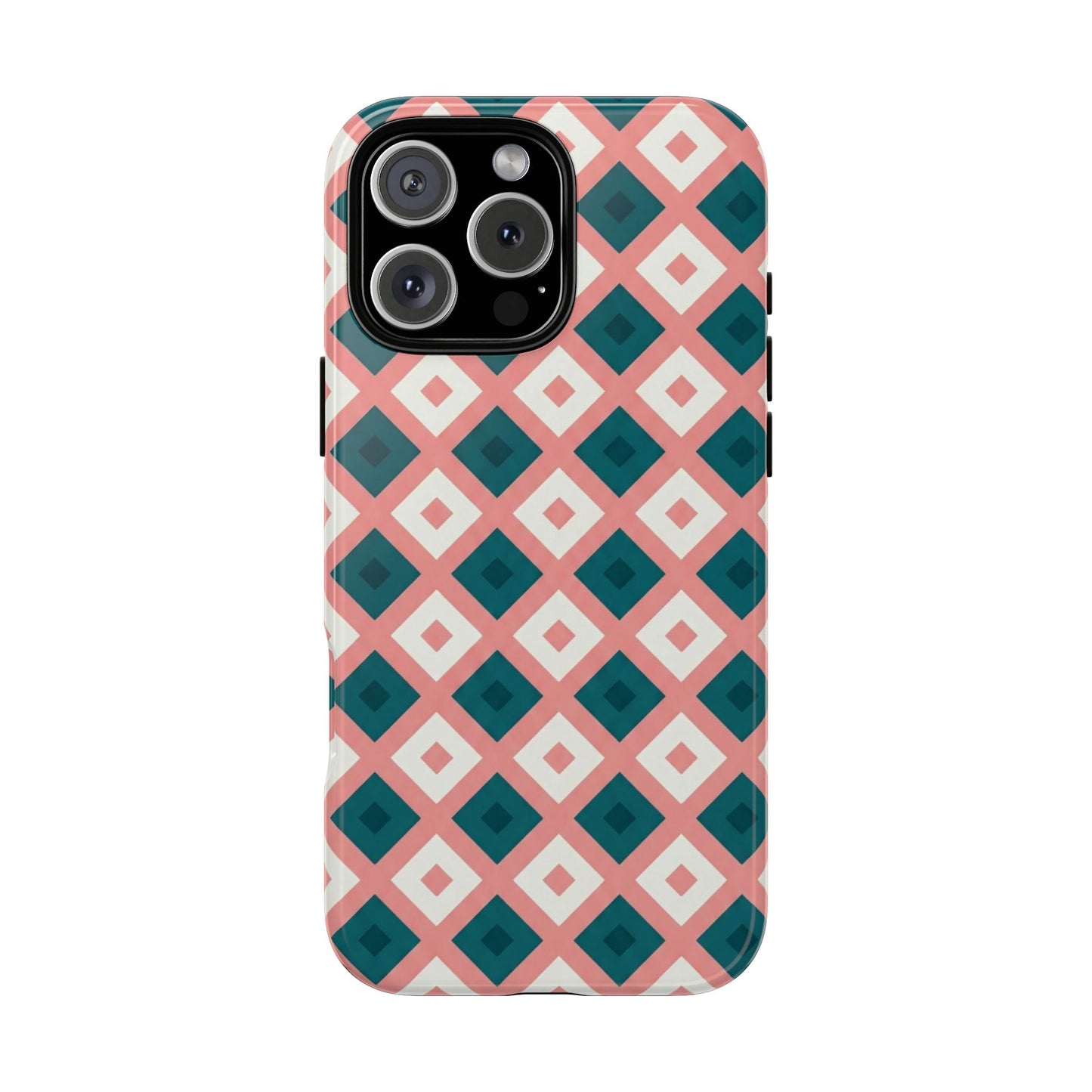 Geometric Diamond Pattern Tough Phone Case — Pink & Teal Protective Cover
