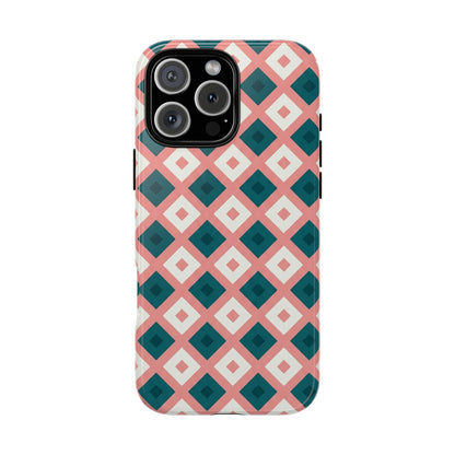 Geometric Diamond Pattern Tough Phone Case — Pink & Teal Protective Cover