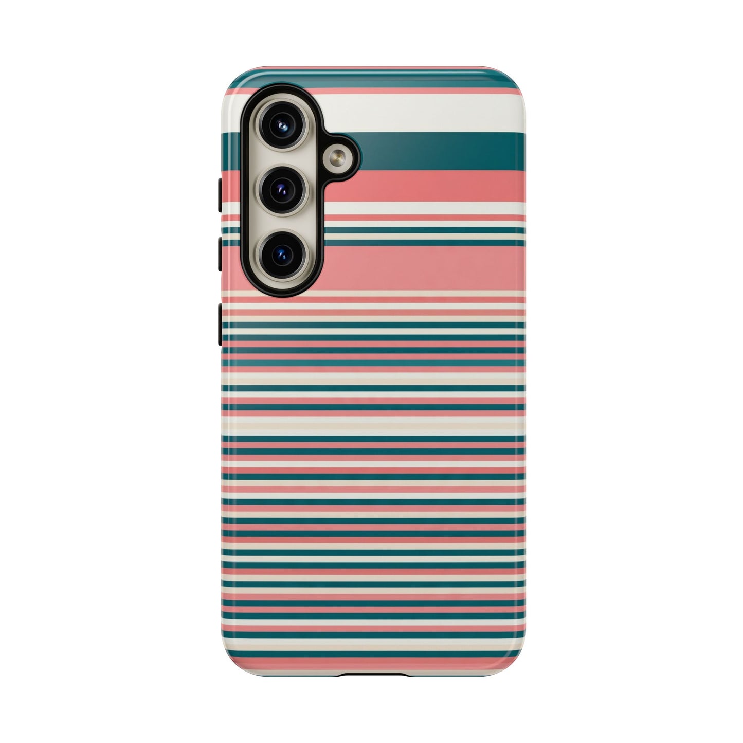 Striped Tough Phone Case — Coral, Teal & White Protective Cover