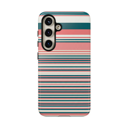 Striped Tough Phone Case — Coral, Teal & White Protective Cover