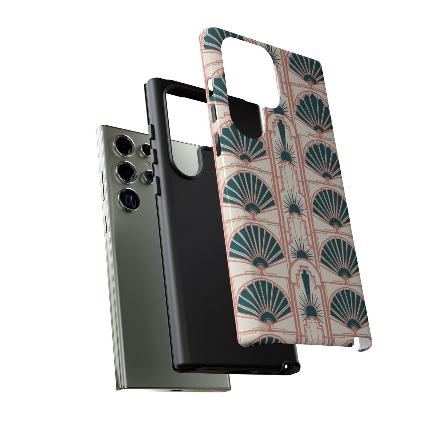 Art Deco Fan Pattern Tough Phone Case — Teal & Blush Retro Protection