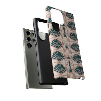 Art Deco Fan Pattern Tough Phone Case — Teal & Blush Retro Protection