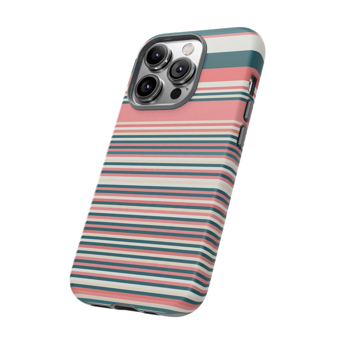 Striped Tough Phone Case — Coral, Teal & White Protective Cover