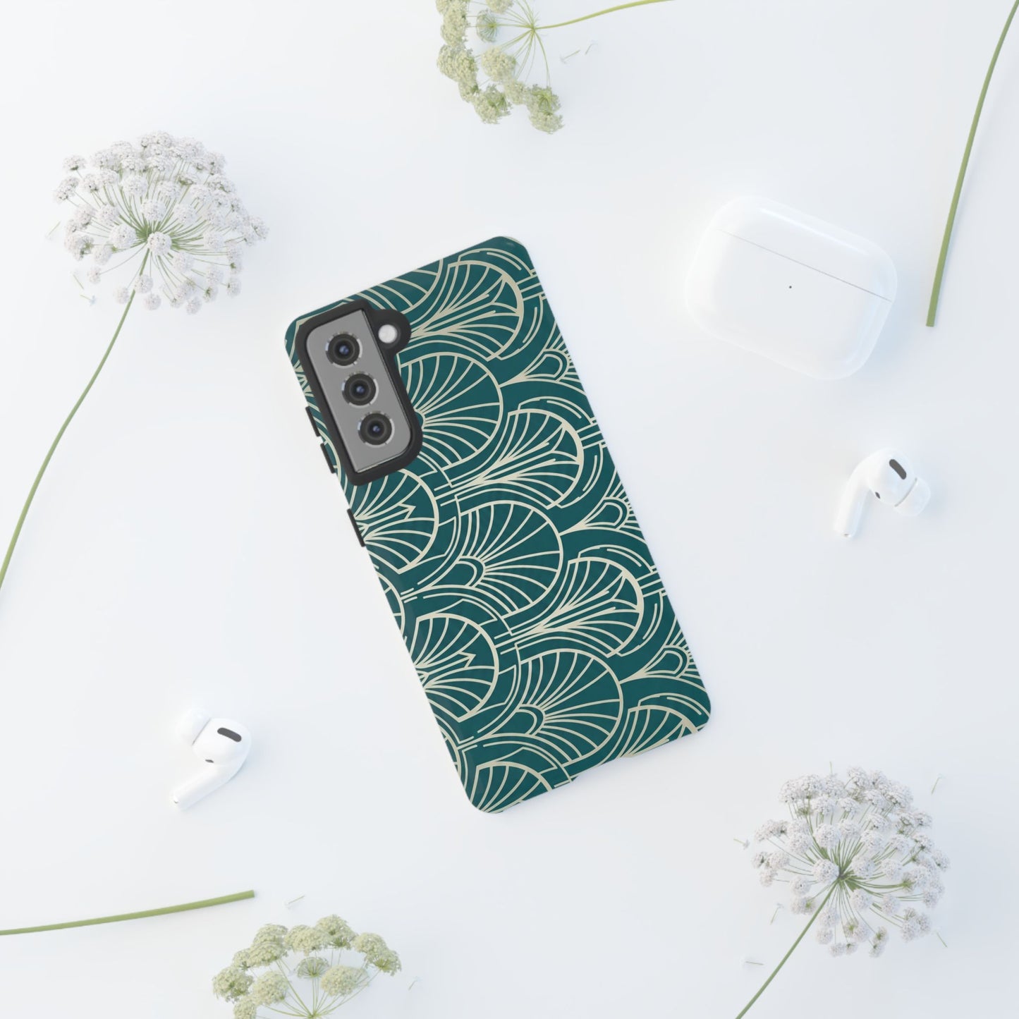 Teal Art Deco Pattern Tough Phone Case — Retro Geometric Protection