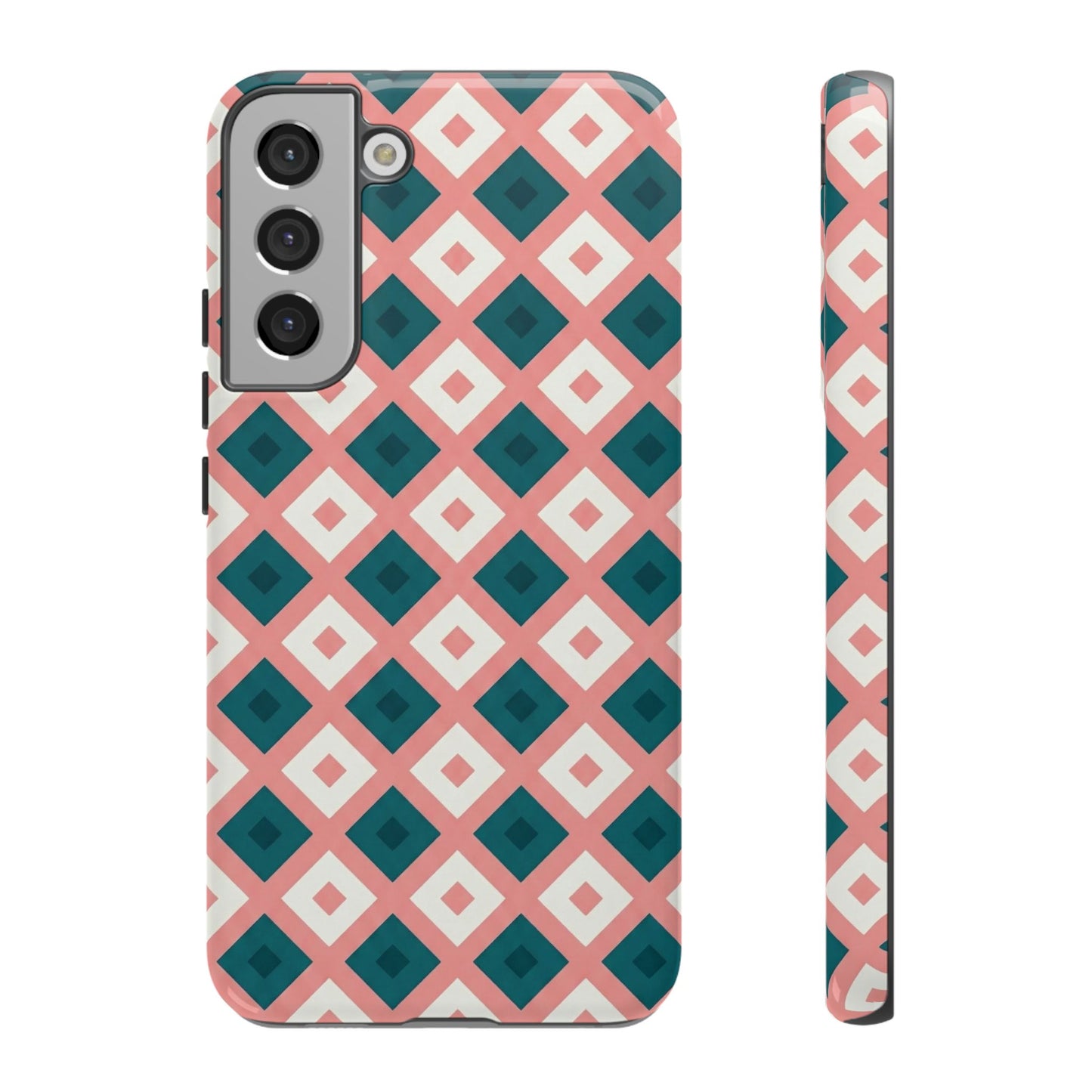 Geometric Diamond Pattern Tough Phone Case — Retro Pink & Teal Protective Cover