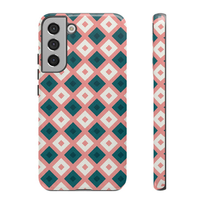 Geometric Diamond Pattern Tough Phone Case — Retro Pink & Teal Protective Cover