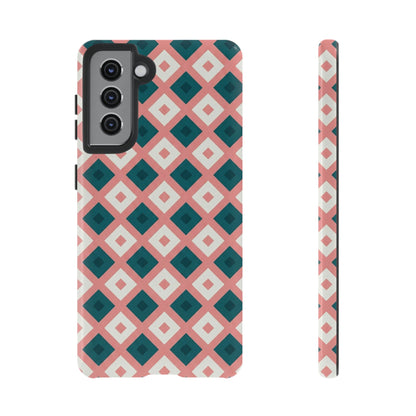 Geometric Diamond Pattern Tough Phone Case — Retro Pink & Teal Protective Cover