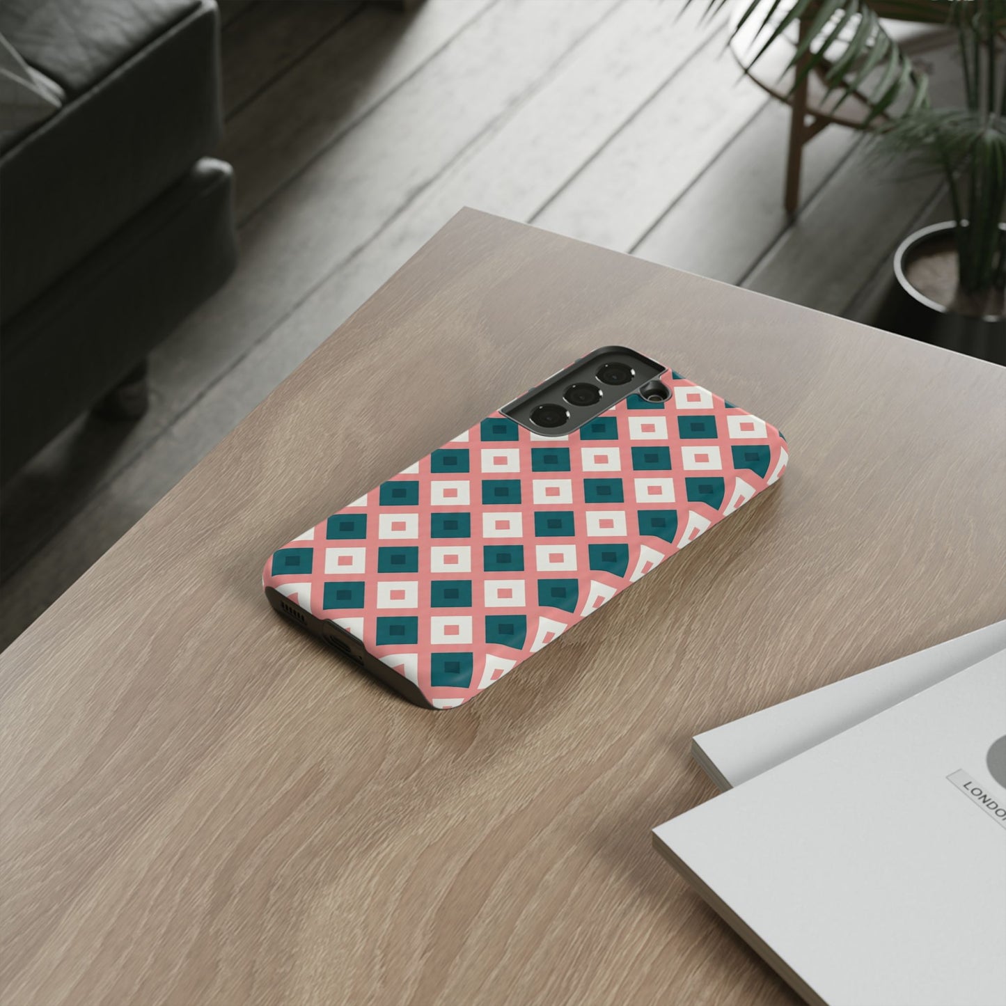 Geometric Diamond Pattern Tough Phone Case — Retro Pink & Teal Protective Cover
