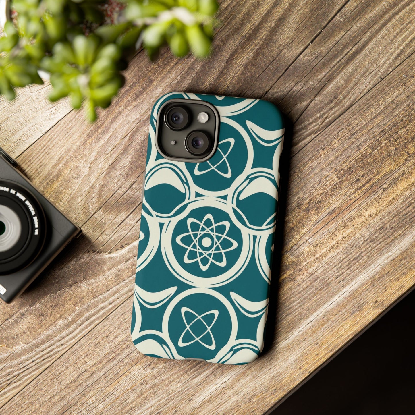 Teal Retro Atomic Pattern Tough Phone Case - Mid-Century Science Design