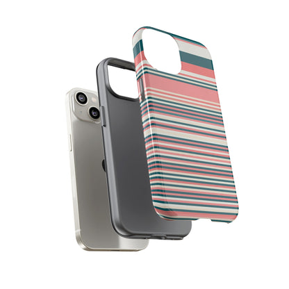 Striped Tough Phone Case — Coral, Teal & White Protective Cover