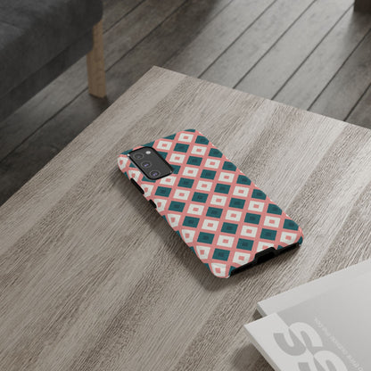 Geometric Diamond Pattern Tough Phone Case — Retro Pink & Teal Protective Cover