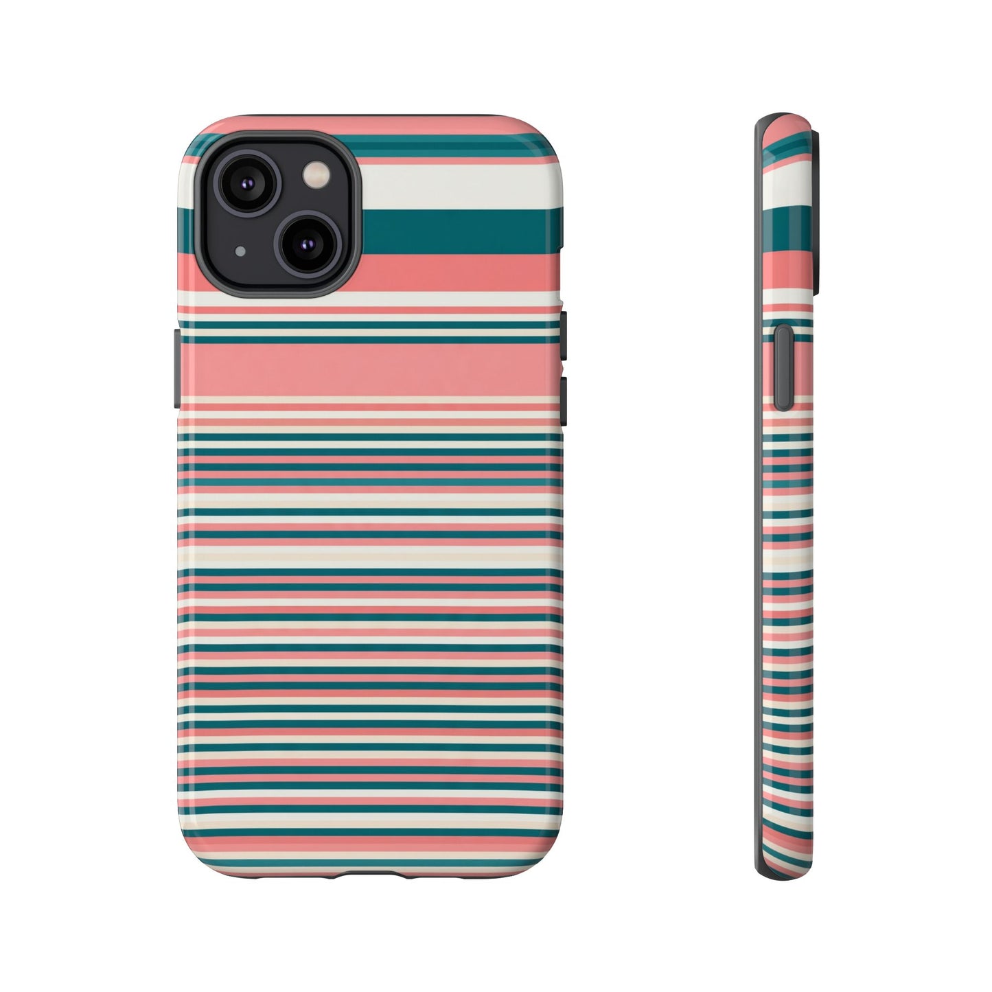 Striped Tough Phone Case — Coral, Teal & White Protective Cover