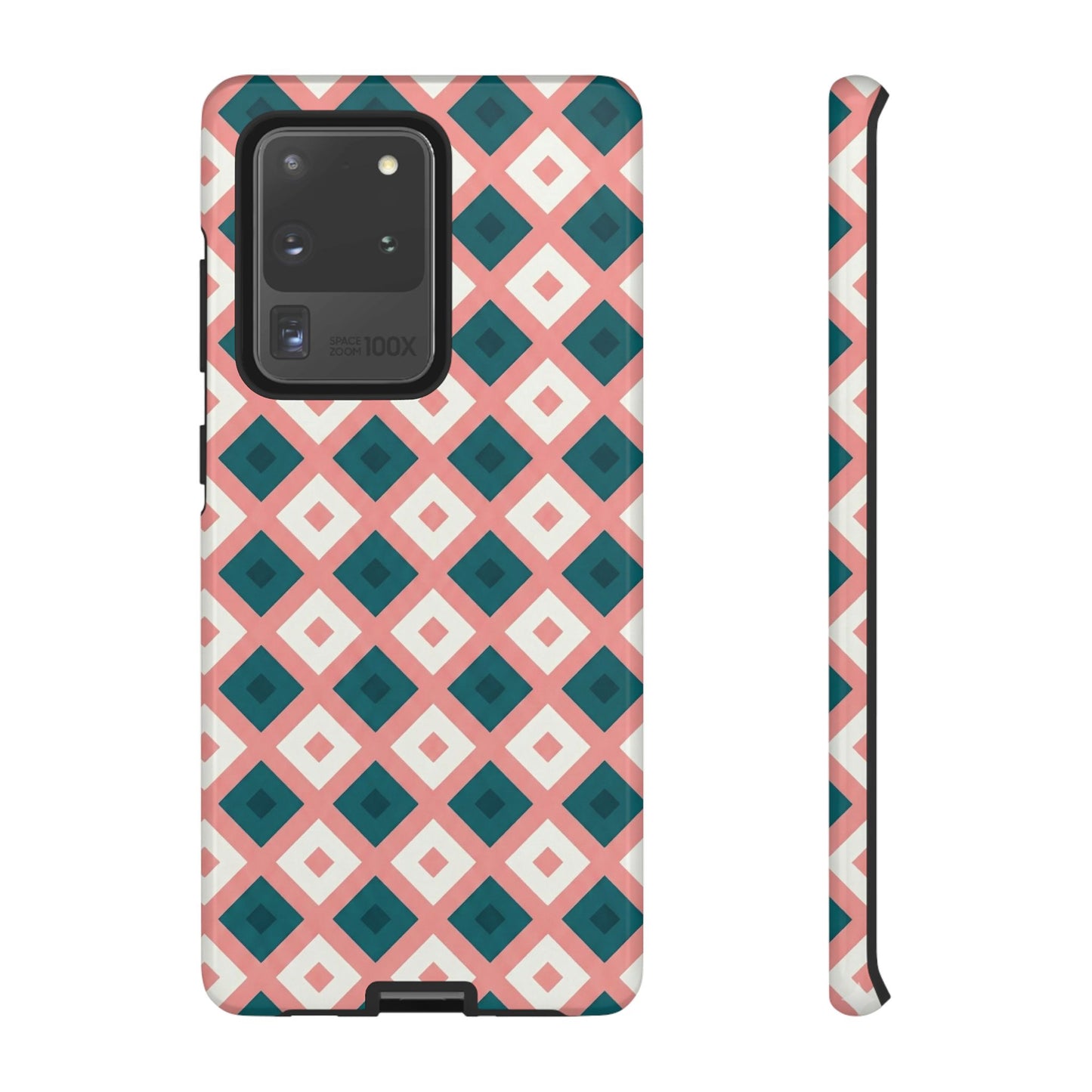 Geometric Diamond Pattern Tough Phone Case — Retro Pink & Teal Protective Cover