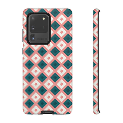 Geometric Diamond Pattern Tough Phone Case — Retro Pink & Teal Protective Cover