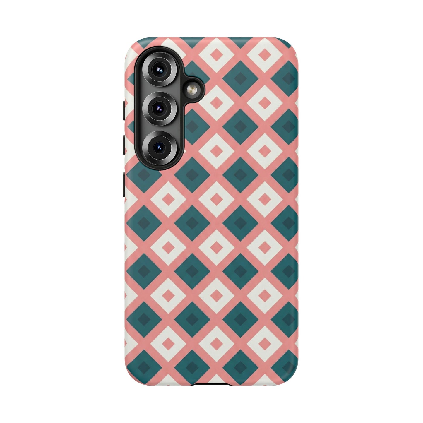 Geometric Diamond Pattern Tough Phone Case — Retro Pink & Teal Protective Cover