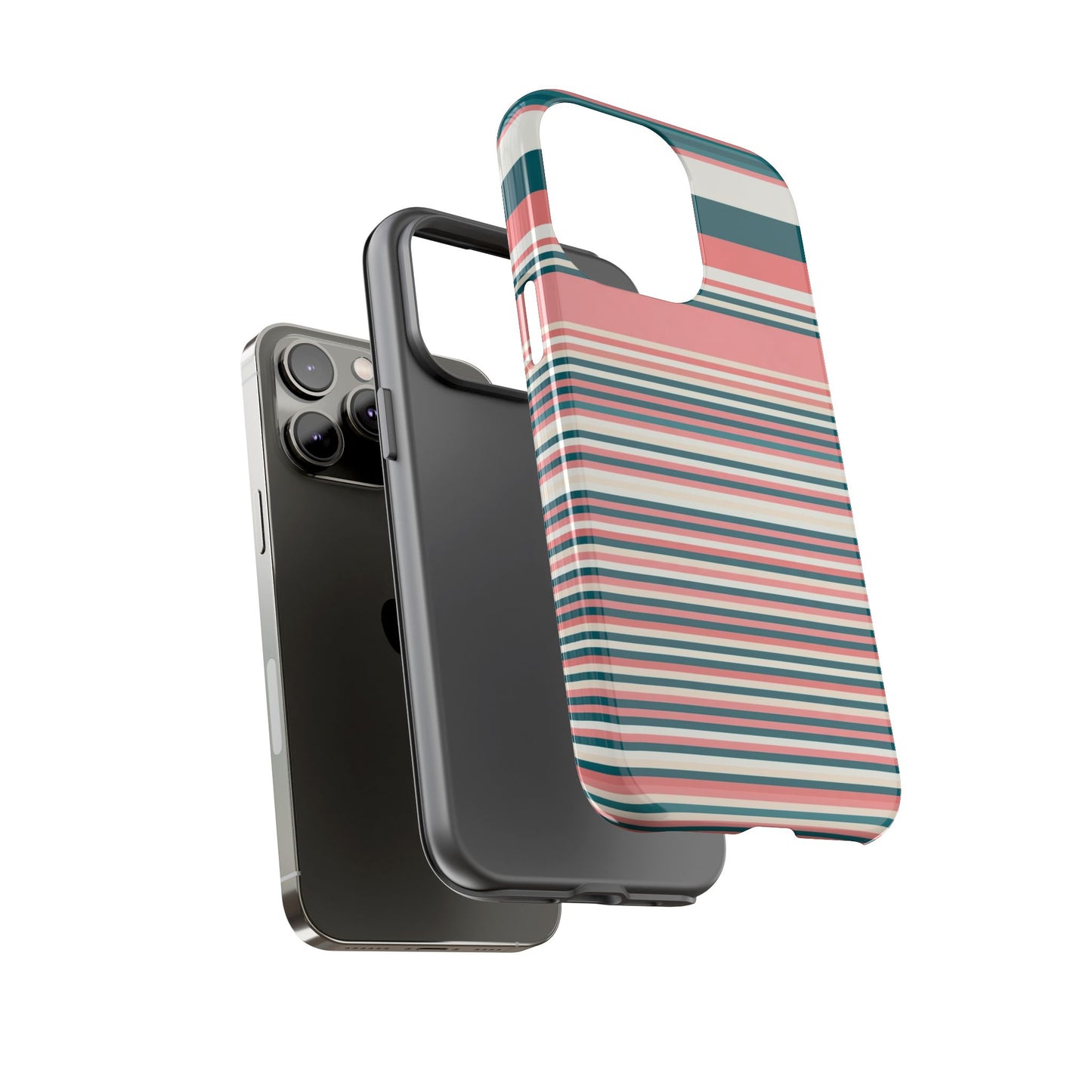 Striped Tough Phone Case — Coral, Teal & White Protective Cover
