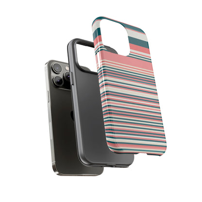 Striped Tough Phone Case — Coral, Teal & White Protective Cover